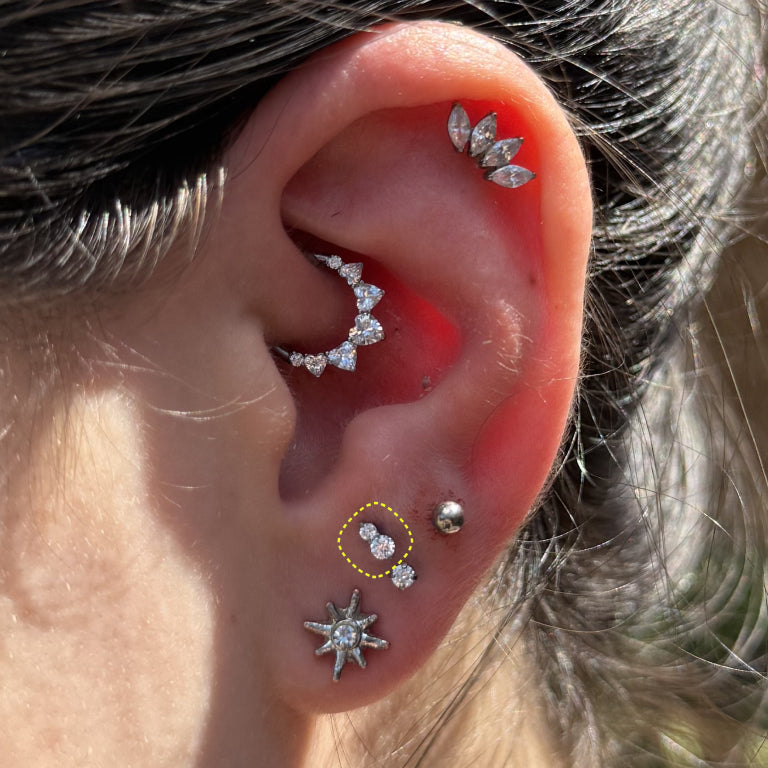 Graduated Duo Clear Crystal earring worn on the ear
