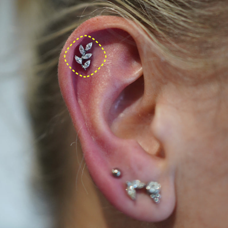 Leaf Vine flatback earring worn on the ear