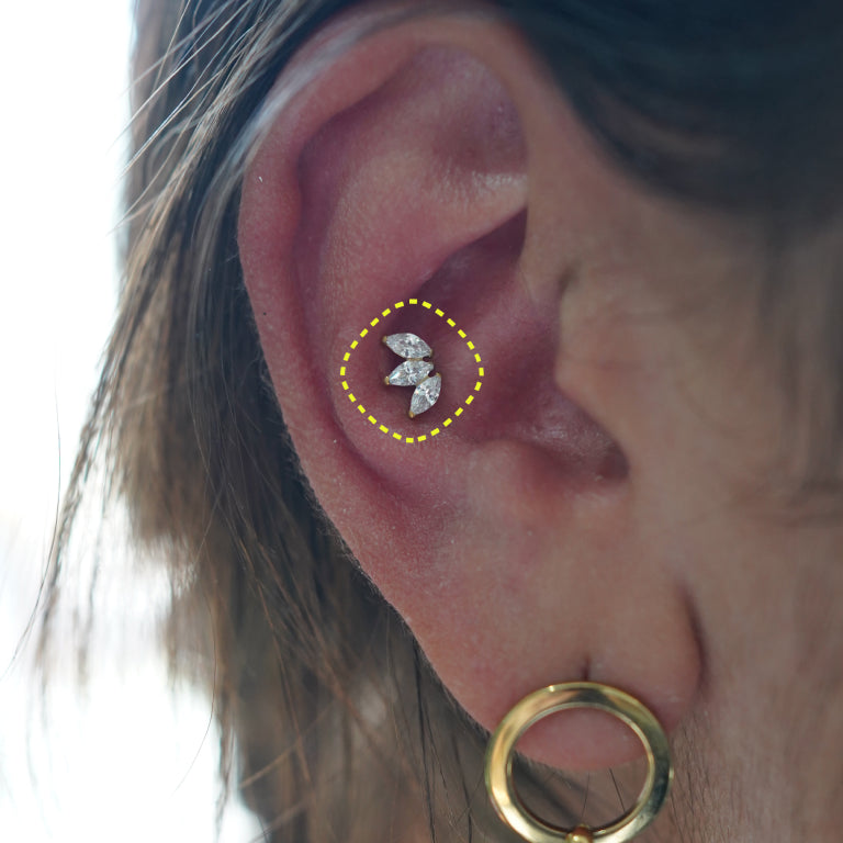 Triple Marquise flatback earring worn on the ear