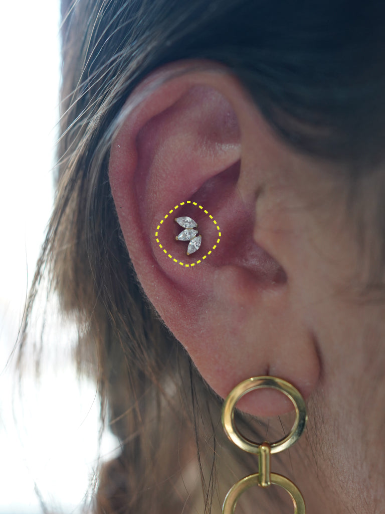 Triple Marquise flatback earring worn on the ear