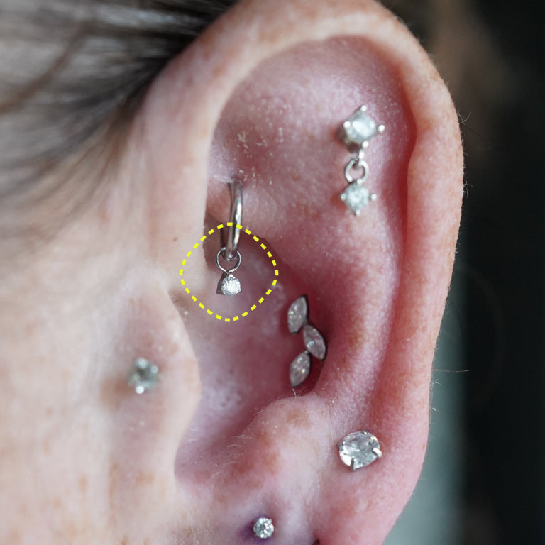 Single crystal charm worn on a clicker hoop