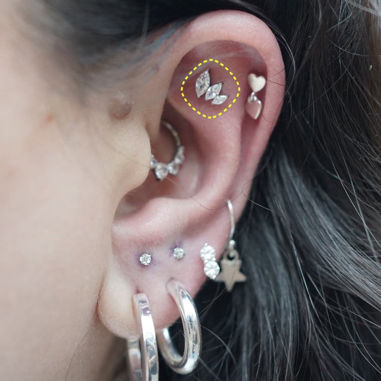 Wing Cluster flatback earring worn on the ear